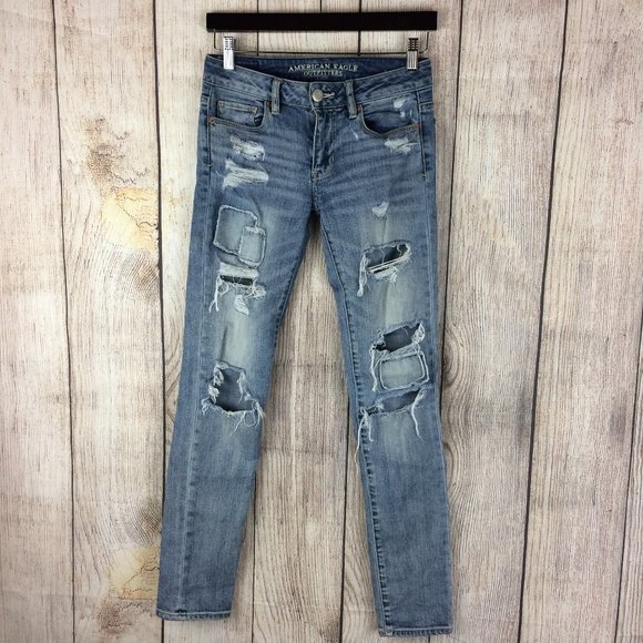American Eagle Outfitters Denim - AEO Destroyed Skinny Super Stretch Blue Jeans Sz 0